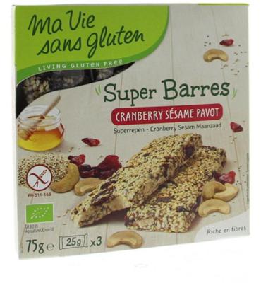 Ma Vie Sans Gluten Ma Vie Sans Gluten Super Repen Sesam & Cranberry Glutenvrij Bio (75g)