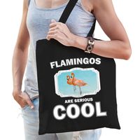 Katoenen tasje flamingos are serious cool zwart - flamingo vogels/ flamingo cadeau tas - thumbnail