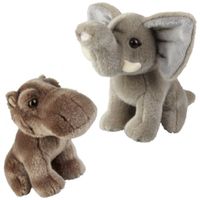 Knuffeldieren set olifant en nijlpaard pluche knuffels 18 cm - thumbnail