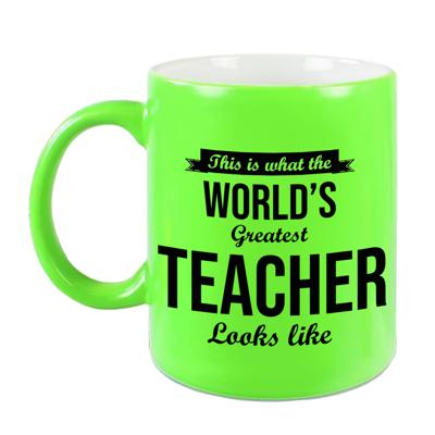 Worlds Greatest Teacher cadeau mok / beker voor juf / meester neon groen 330 ml - feest mokken Worlds Greatest Teacher cadeau mok / beker voor juf / meester neon groen 330 ml - feest mokken