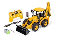 Carson 500907668 1:20 Graaflader JCB 2.4G 100% RTR - Op afstand bestuurbaar bouwvoertuig voor kinderen vanaf 8 jaar, RC graafmachine met functies, incl. batterijen en afstandsbediening, geel