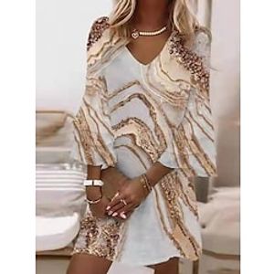 dames hemdjurk korte mini-jurk blauw goud 3/4 mouw abstract gelaagd print zomer lente v-hals casual vakantie losjes 2023 s m l xl xxl xxxl Lightinthebox