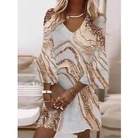 dames hemdjurk korte mini-jurk blauw goud 3/4 mouw abstract gelaagd print zomer lente v-hals casual vakantie losjes 2023 s m l xl xxl xxxl Lightinthebox - thumbnail