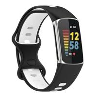 By Qubix - Compatible met Fitbit Charge 5 - Fitbit Charge 6 Sportbandje met dubbele lus - Zwart/wit - Tweekleurig - Maat: L - Compatible fitbit bandje