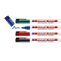 edding 400 permanent marker - zwart, rood, blauw, groen - 10 stiften - fijne ronde punt 1 mm - watervast, sneldrogend - wrijfvast - voor karton, kunststof, hout, metaal, glas