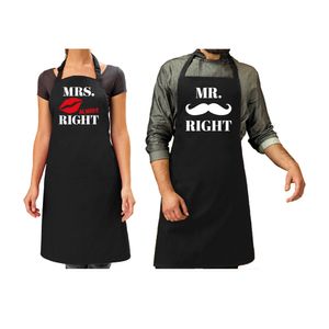 Mr Right en Mrs Always Right kus/snor cadeau schorten set zwart volwassenen - koppelcadeau bruiloft