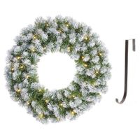 Kerstkrans/deurkrans groen verlichting 30 lampjes en sneeuw 60 cm met ijzeren hanger - thumbnail