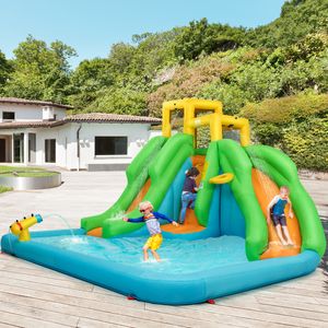 Springkasteel Waterpark met Twee Glijbanen Klimwand Kinderbadje en Waterkanon Incl. Draagtas 400 x 360 x 255 cm