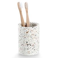 Zeller Tandenborstel beker/houder - wit - terrazzo design - keramiek - rond - 8 x 11 cm   - - thumbnail