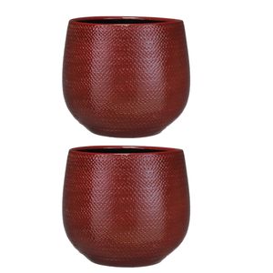 Set van 2x stuks bloempotten bordeaux rood ribbels keramiek voor kamerplant H20 x D25 cm