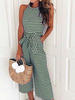 Striped Waist Belted Wide Leg Jumpsuit