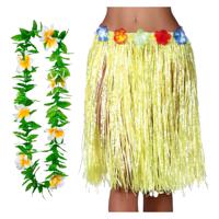 Hawaii verkleed hoela rokje en bloemenkrans - volwassenen - geel - tropisch themafeest - hoela