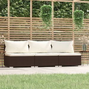 Driezitsbank met kussens poly rattan bruin