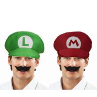 Loodgieter Mario en Luigi verkleed set - pet en snor - groen - gamer verkleed accessoires