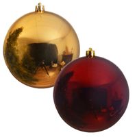 2x stuks grote kerstballen van 20 cm glans van kunststof goud en rood - thumbnail