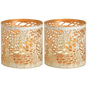 2x Theelichthouders/waxinelichthouders windlichten metaal wit/goud abstract vleugel patroon 11 cm