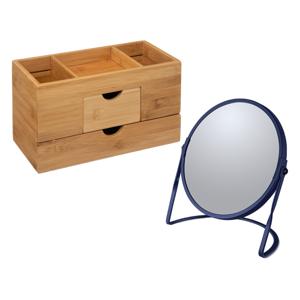 Make-up organizer en spiegel set - lades/vakjes - bamboe/metaal - 5x zoom spiegel