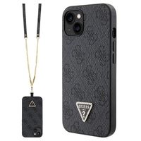 iPhone 15 Guess 4G Strass Triangle Metal Logo Case with Crossbody Strap - Black - thumbnail