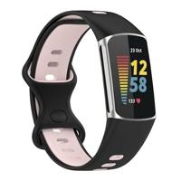 By Qubix - Compatible met Fitbit Charge 5 - Fitbit Charge 6 Sportbandje met dubbele lus - Zwart/roze - Tweekleurig - Maat: L - Compatible fitbit bandje