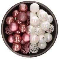 74x stuks kunststof kerstballen mix van parelmoer wit en oudroze 6 cm - thumbnail