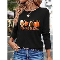 Dames T-shirt 100% katoen Brief Afdrukken Dagelijks Modieus Basic Lange mouw Strakke ronde hals Zwart Lente Herfst Lightinthebox - thumbnail