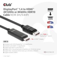 CLUB3D DisplayPort 1.4 to HDMI 4K120Hz or 8K60Hz HDR10 Cable M/M 3m/9.84ft - thumbnail