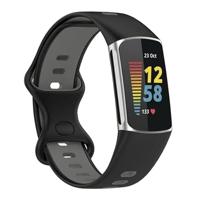 By Qubix - Compatible met Fitbit Charge 5 - Fitbit Charge 6 Sportbandje met dubbele lus - Zwart/grijs - Tweekleurig - Maat: L - Compatible fitbit bandje