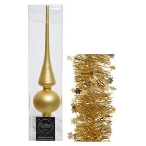 Kerstversiering glazen piek mat 26 cm en sterren folieslingers pakket goud van 3x stuks