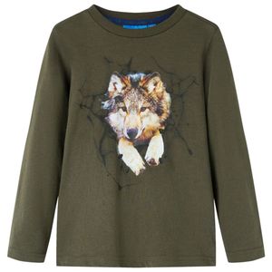 Kindershirt met lange mouwen wolvenprint 140 kakikleurig