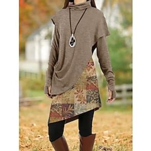 Dames Casual jurk Hemdjurk Bloemig Blad Lapwerk Assymmetrisch Col Mini-jurk Vintage Etnisch Dagelijks Lange mouw Herfst Winter Lightinthebox