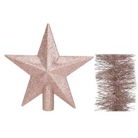 Kerstversiering kunststof glitter ster piek 19 cm en folieslingers pakket lichtroze van 3x stuks