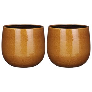 2x Stuks Plantenpot/bloempot keramiek okergeel speels licht gevlekt patroon - D25/H20 cm