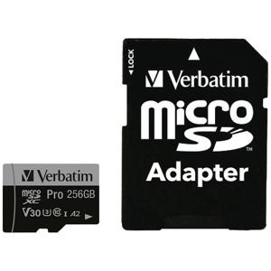 Verbatim Pro microSDXC-kaart 256 GB UHS-Class 3 4K-video-ondersteuning, A2-vermogensstandaard, Incl. SD-adapter, Schokbestendig, Waterdicht