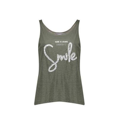 Geisha top met tekst en pailletten donkergroen