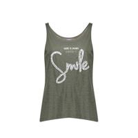 Geisha top met tekst en pailletten donkergroen