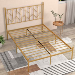 Volledig Metalen Platformbedframe met Hoofdeinde Geruisloze Matrasbodem met Stevige Metalen Schuifsteun Goud 197 x 141 x 113 cm