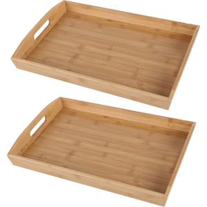 Dienblad/serveerblad Breakfast - 2x - rechthoek - bamboe hout - 44 x 29 x 4 cm - met handvaten