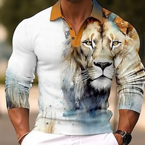 Voor heren POLO Shirt Golfshirt dier Leeuw Grafische prints Strijkijzer Geel Rood blauw Groen Grijs Buiten Straat Lange mouw Afdrukken Kleding Modieus Streetwear Ontwerper Zacht Lightinthebox