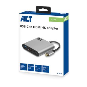 ACT USB-C naar HDMI female multiport adapter met PD Pass-Through 60W, 4K, USB-A