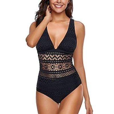 Dames Zwemkleding Een stukje Monokini Badpakken Normaal Zwempak Effen Kleur Geometrisch Buikcontrole Open achterkant Slank Zwart V-Wire Gewatteerd bodysuit Bad