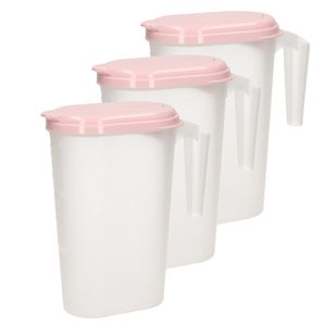 3x stuks waterkan/sapkan transparant/roze met deksel 1.6 liter kunststof