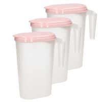 3x stuks waterkan/sapkan transparant/roze met deksel 1.6 liter kunststof - thumbnail