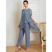 Tweedelige jumpsuits moeder van de bruid jurk herfst bruiloftsgast formeel elegant ronde hals enkellengte chiffon halve mouw met ruches 2024 Lightinthebox - thumbnail