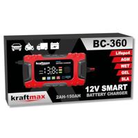 Kraftmax BC-360 6A autoacculader, volautomatische 12 V smart auto-acculader, met temperatuurcompensatie, geschikt voor auto, vrachtwagen, motorfiets, grasmaaier, boot en maritieme accu's.