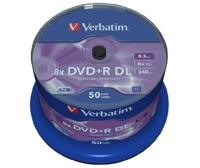 Verbatim DVD+R DL 8,5GB 8X Spindel. 50 Stuk Mat zilver.