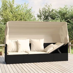 Loungebed met luifel en kussens poly rattan zwart