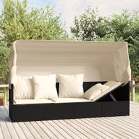 Loungebed met luifel en kussens poly rattan zwart - thumbnail