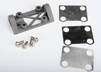 Bearing block, front (supports front shaft) (grey) / belt tension adjustment shims (front / middle) / screws - thumbnail