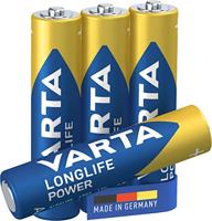 VARTA Longlife Power AAA Micro LR03 batterij (verpakking met 4 stuks) Alkaline Batterij - Made in Germany - ideaal voor speelgoed zaklamp controller en andere apparaten op batterijen