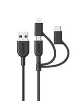 Anker Powerline II 3-in-1 kabel, 0,9 m lange lightning-/USB-C/micro-USB-kabel, voor de iPhone, iPad, LG, Galaxy, Xperia, Android mobiele telefoons en nog veel meer (zwart)